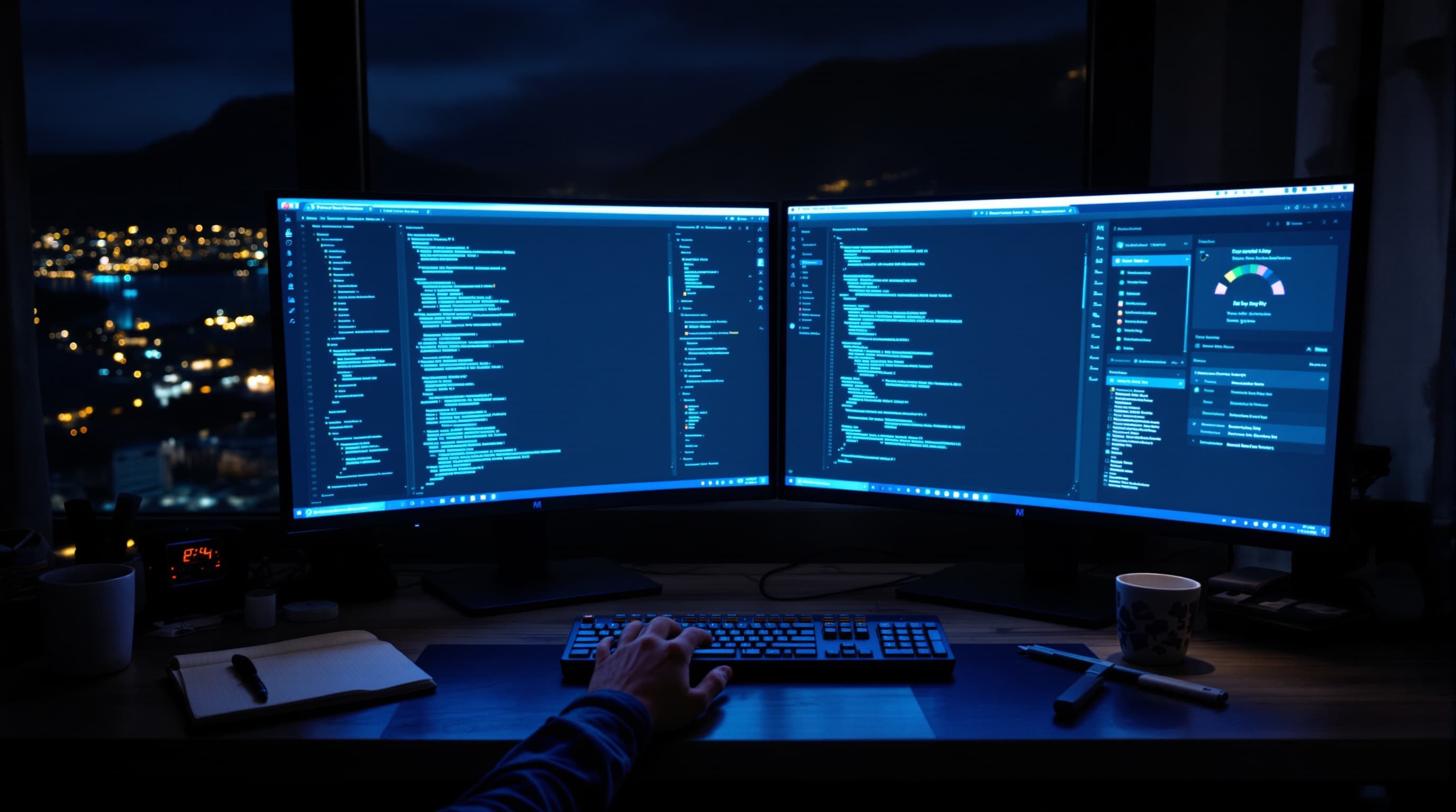 Night workshop desk with monitors glowing blue and city lights through the window